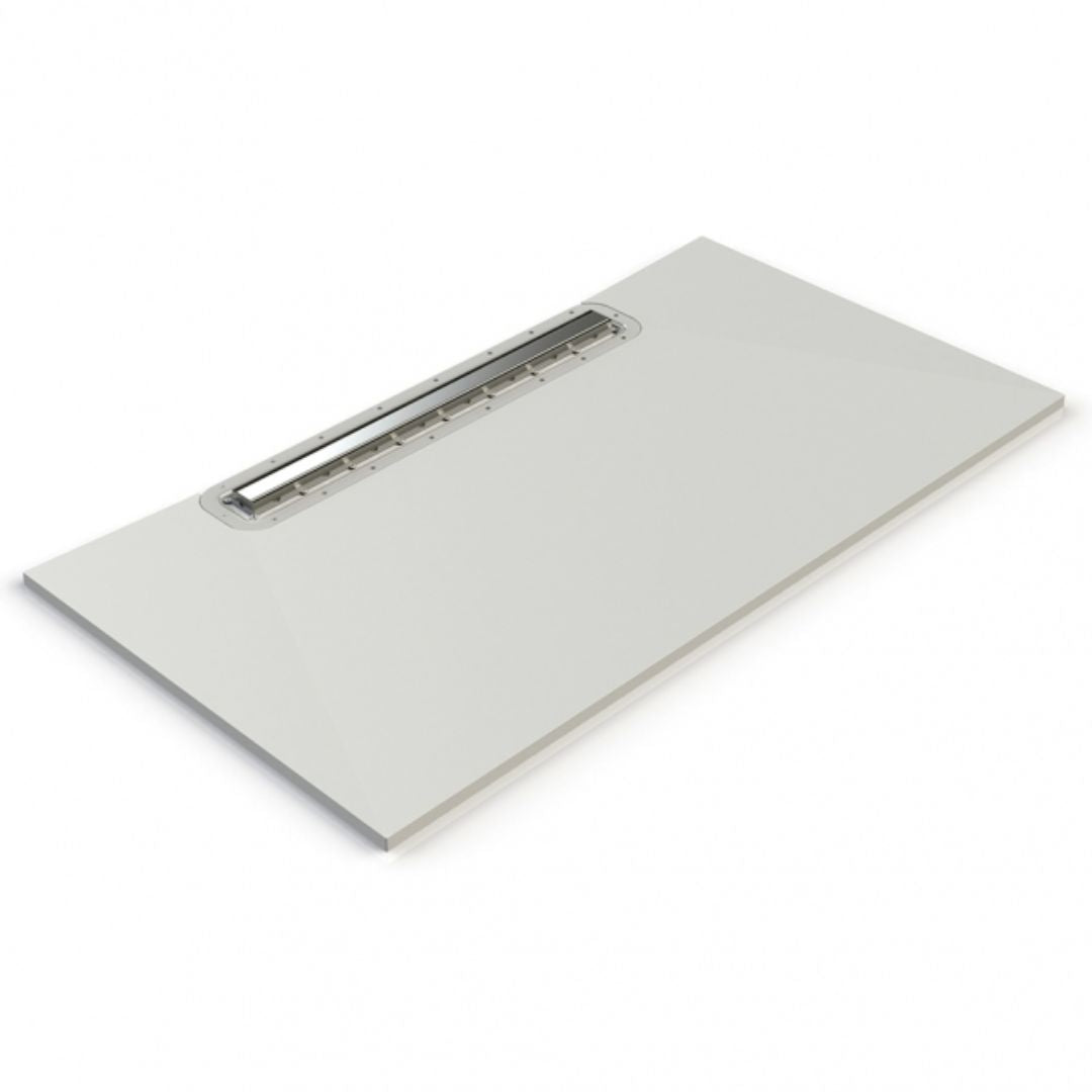 A rectangular white wetroom former with a recessed horizontal metallic drain channel, shown at an angle on a plain white background.