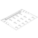 A technical line drawing of a rectangular wetroom floor former, with multiple directional arrows printed on it demonstrating water flow to the drain, shown on a plain white background.