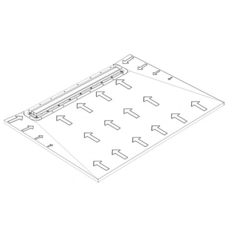 A technical line drawing of a rectangular wetroom floor former, with multiple directional arrows printed on it demonstrating water flow to the drain, shown on a plain white background.