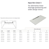 Technical specification sheet for the Aqua-Dec Linear 3 drainage system, showing a line drawing with dimensions A, B, C, and D, a rendered sample drain plate, and a data table with codes, length, width, drain depth, and drain centre points.