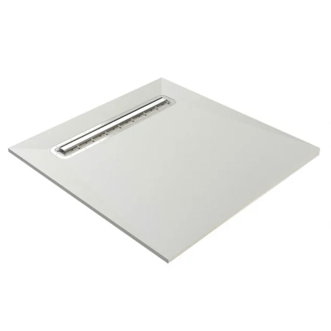 A square white wetroom former with a recessed linear drain channel, shown at an angle on a solid white background.