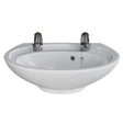 A white ceramic bathroom sink with two polished chrome faucets, shown against a plain white background.