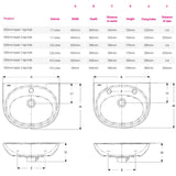 A dimension measurement chart for a bathroom sink, showing front, top, and side line drawings with labeled dimensions such as volume, width, depth, distance to waste, height, fixing holes, and distance to taps.