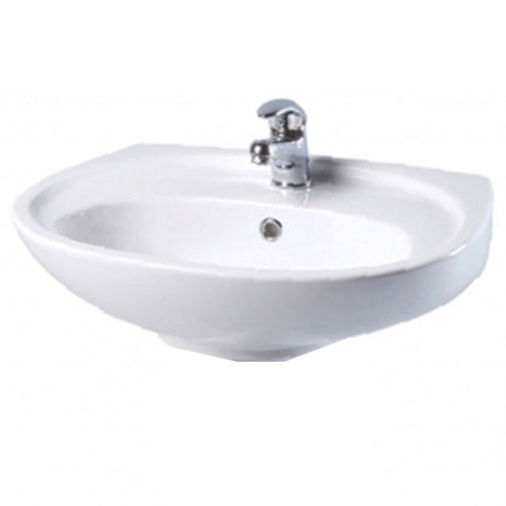 A white ceramic sink with a chrome faucet, shown against a plain white background.