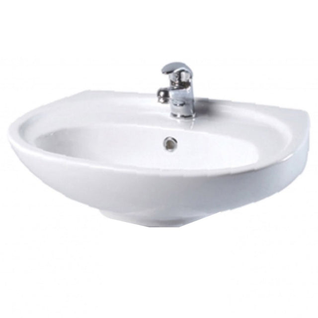 A white ceramic sink with a chrome faucet, shown against a plain white background.