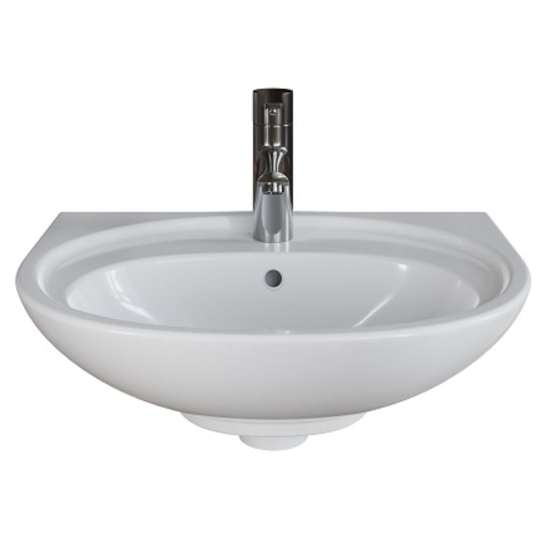 A white ceramic bathroom sink with a modern chrome faucet, shown against a plain white background.