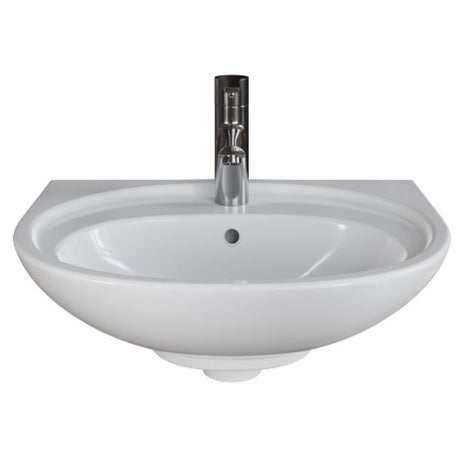 A white ceramic bathroom sink with a modern chrome faucet, shown against a plain white background.
