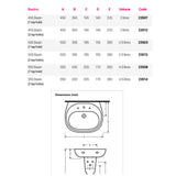 A sizing and dimension chart for a sink basin, showing a table with basin sizes, volumes, and codes, plus line drawings with labeled measurements in millimeters.