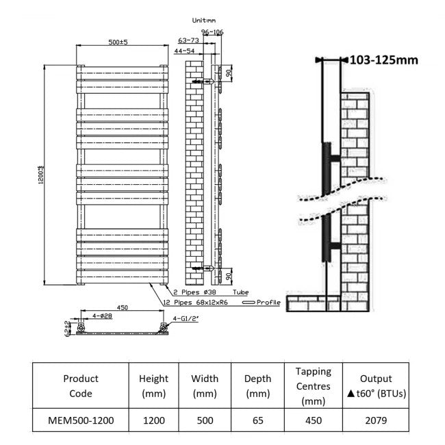 Technical drawing and dimensions of a heating element with product code MEM500-1200.