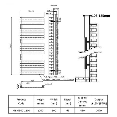 Technical drawing and dimensions of a heating element with product code MEM500-1200.