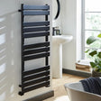 Black towel radiator in a bathroom setting with a window and plant.