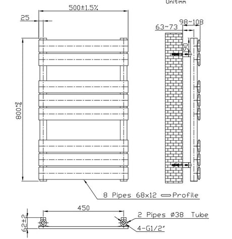 Technical drawing of a radiator with dimensions and pipe details