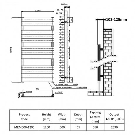 Technical drawing of a radiator with dimensions and specifications.