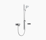 Chrome shower set with handheld shower and control handle on a white background