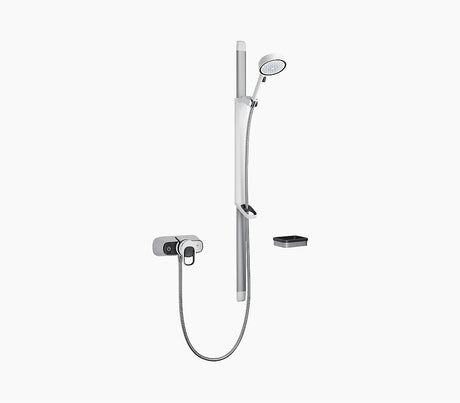 Chrome shower set with handheld shower and control handle on a white background