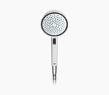 White shower head with black nozzle on a white background