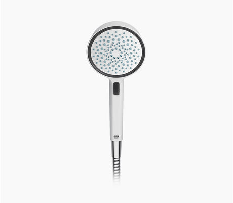 White shower head with black nozzle on a white background
