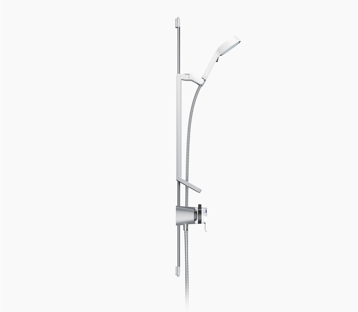 Chrome shower system with handheld shower head on a white background