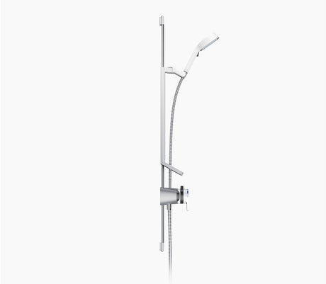Chrome shower system with handheld shower head on a white background