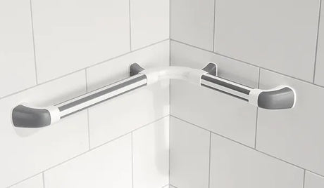 Corner grab bar set in a tiled bathroom corner
