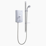 A wall-mounted electric shower system with a white control panel, chrome vertical rail, handheld shower head, and flexible hose, shown against a plain light gray background.