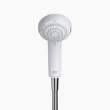 A white handheld shower head with a chrome-finished flexible hose, shown against a plain light gray background. The brand name 'mira' is visible near the base of the handle.