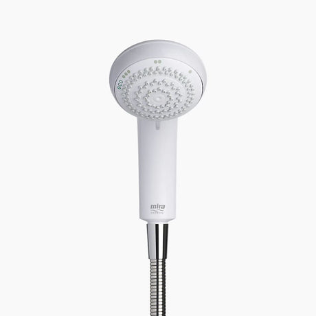 A white handheld shower head with a chrome-finished flexible hose, shown against a plain light gray background. The brand name 'mira' is visible near the base of the handle.