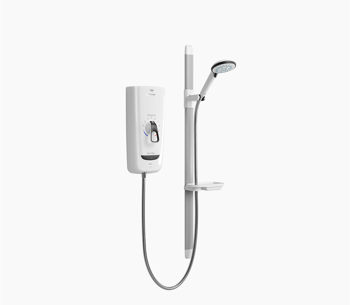 Mira Advance Flex Extra 8.7kW white electric shower unit with high-contrast controls and accessible interface