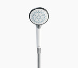 Shower head with a white base and black top on a white background