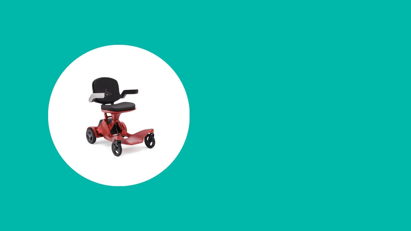 A red and black motorized wheelchair scooter shown inside a white circular frame on a solid teal background.