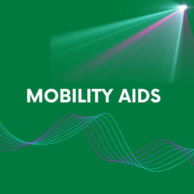 'MOBILITY AIDS' on a green background with wavy lines and light beams.