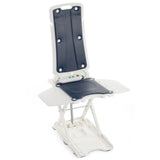 A white and dark gray adjustable height bath lift chair with a padded backrest and seat, shown on a plain white background.