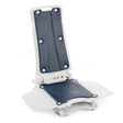 An electric bath chairlift chair with a white plastic frame and dark navy blue cushioning pads, shown on a solid white background.