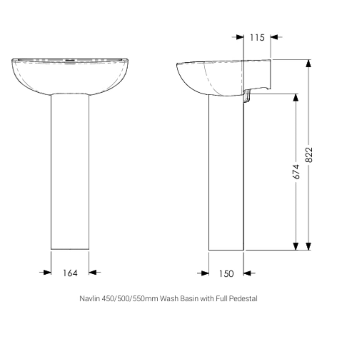 Technical dimension diagram of a Navlin 450/500/550 wash basin with full pedestal, showing front and side elevations with measurements in millimeters and inches.