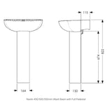 Technical dimension diagram of a Navlin 450/500/550 wash basin with full pedestal, showing front and side elevations with measurements in millimeters and inches.