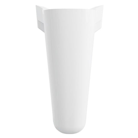 A white ceramic pedestal sink with a flared rectangular backplate, shown from a front-facing perspective against a solid white background.
