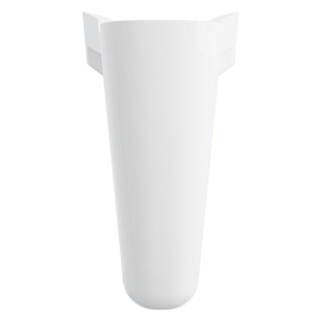 A white ceramic pedestal sink with a flared rectangular backplate, shown from a front-facing perspective against a solid white background.