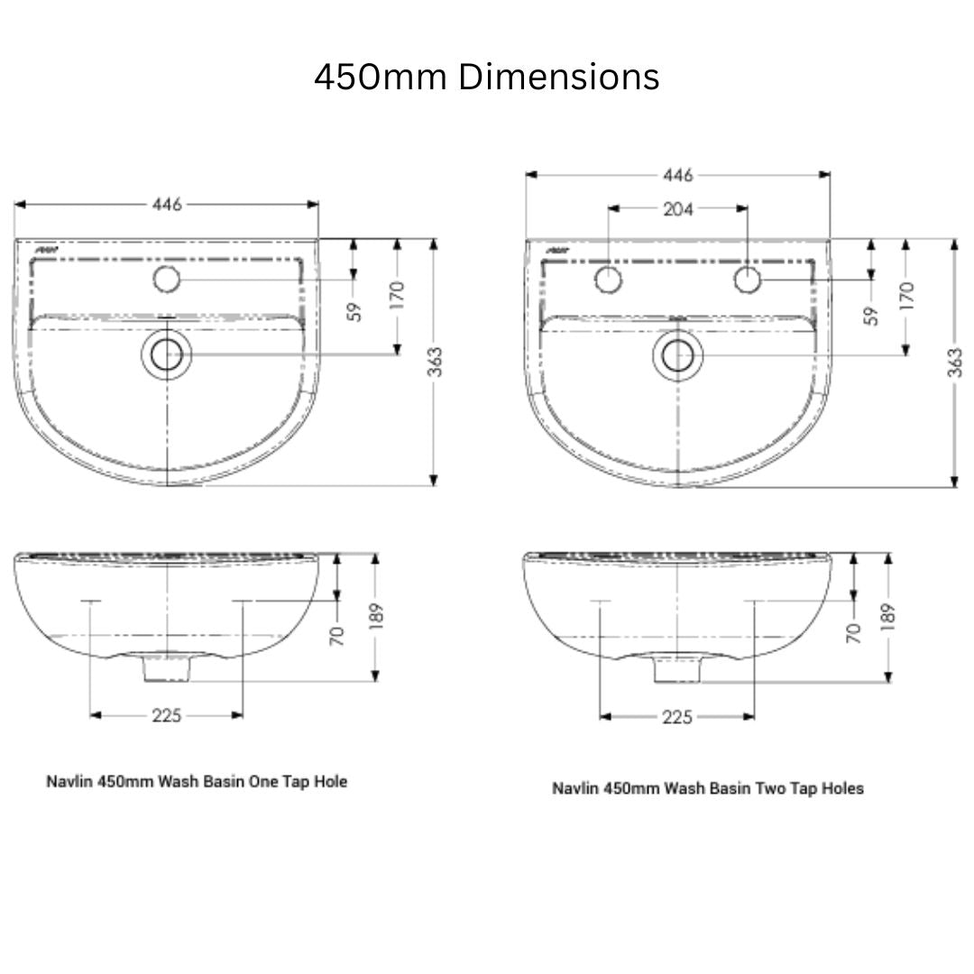 Technical dimension diagram showing 450mm wash basin measurements with front and side elevations, labeled for Navlin 450mm wash basin one tap hole and two tap holes.