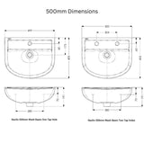 Technical dimension diagram showing the 500mm measurements for a Navlin wash basin, with front and side elevations labeled for one tap hole and two tap holes.