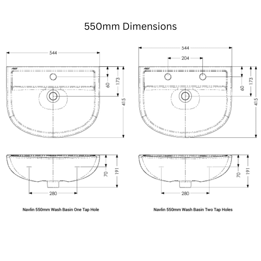 Technical dimension diagram showing 550mm wash basin measurements, with front and side profile views labeled for one and two tap holes on a white background.