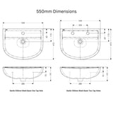 Technical dimension diagram showing 550mm wash basin measurements, with front and side profile views labeled for one and two tap holes on a white background.