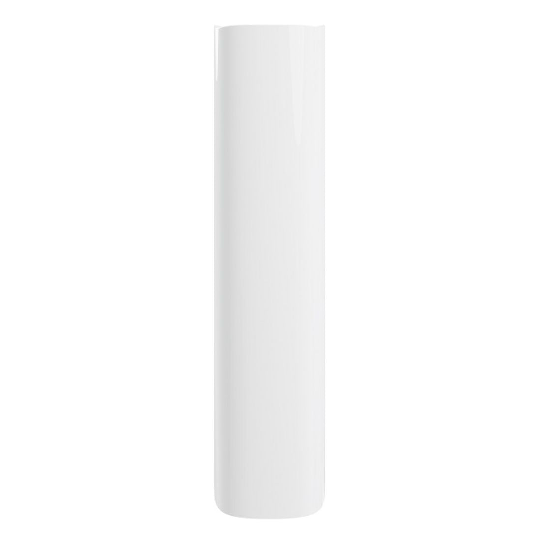 A tall, slender white cylindrical pedestal with a glossy finish, centered on a solid white background.