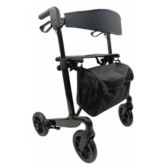 Black rollator with a bag on a white background