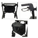Black bag attached to a walker with close-up details on a white background