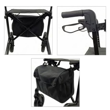 Black bag attached to a walker with close-up details on a white background