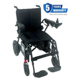 Black electric wheelchair with a 5-year warranty badge on a white background