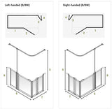Diagram showing left-handed and right-handed configurations of a shower screen with numbered components.