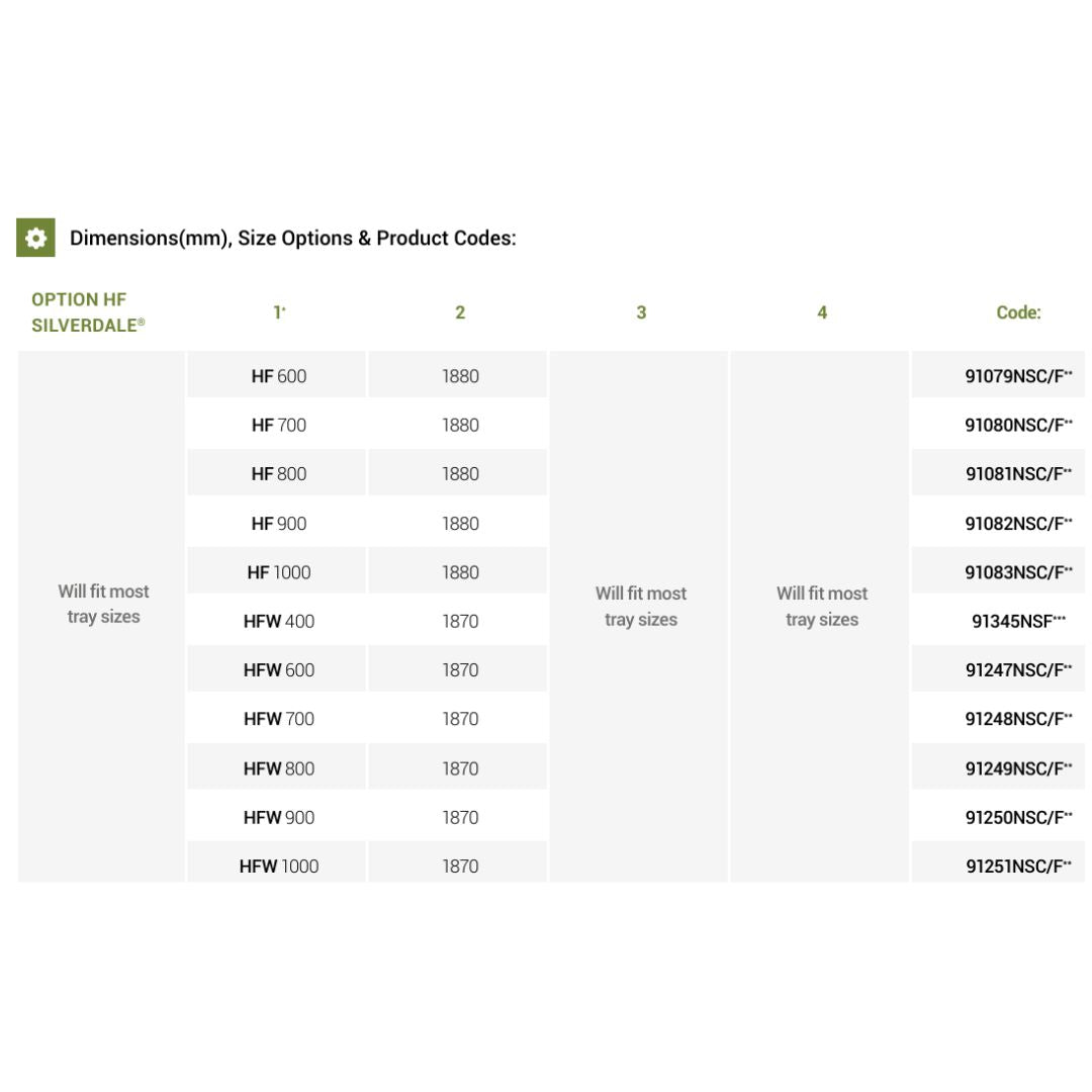 A size and code reference chart for HP Silverdale shower screens, showing dimensions in millimeters for screen sizes HF 600 through HF 1000 and product codes under the option HP SILVERDALE.