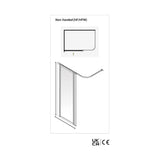Technical diagram showing a non-handed shower door frame with a top-mounted curved arm, labeled 'Non-handed (HF/HFW)', on a white background with UKCA/CE marks below.
