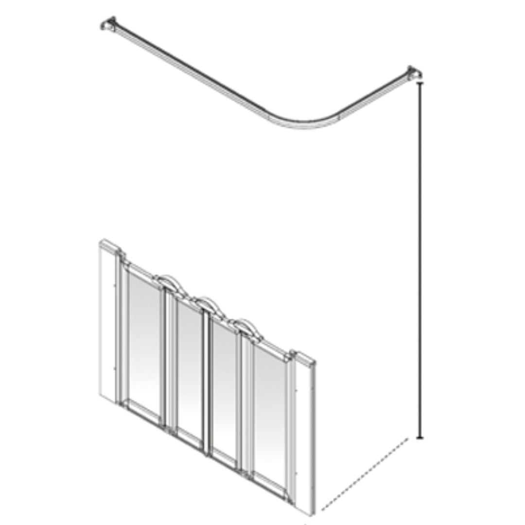 Technical line drawing of a shower screen and curtain rod set with a curved overhead rod, shown on a plain white background